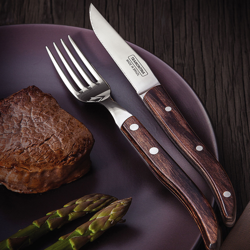 4 Talheres churrasco, aço inox, cabos polywood, caixa madeira, laváveis máquina