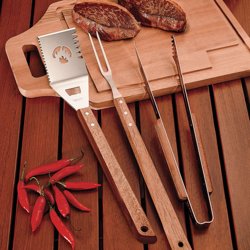 3-Piece BBQ tool set, stainless steel, wooden handles, rustic style