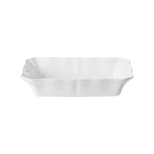 Rectangular baker Alentejo 25cm, white stoneware with hand-painted rim and olive relief