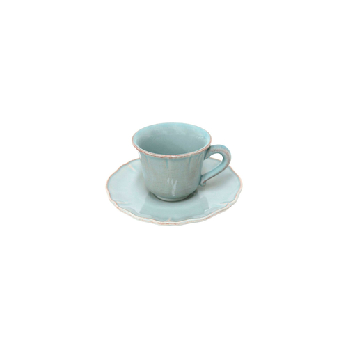 Alentejo Coffee Cup and Saucer 90ml, turquoise stoneware with hand-painted wavy rims
