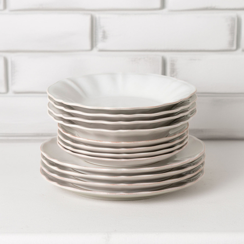 Alentejo 12-Piece dinnerware set, white fine stoneware with hand-painted wavy rims