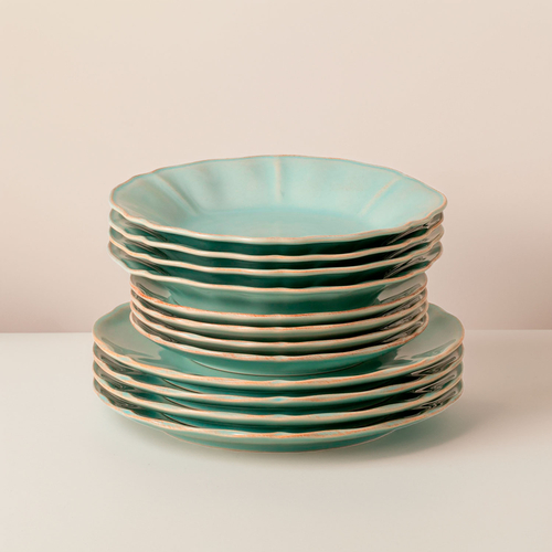 Alentejo 12-Piece dinnerware set, fine stoneware with hand-painted wavy rims