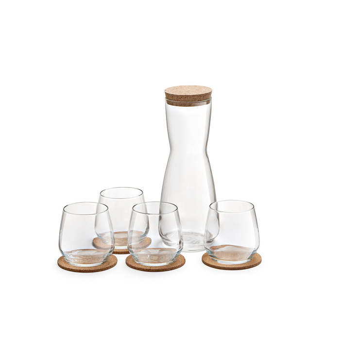Conjunto garrafa, copos e bases de cortiça Debonair, vidro cristalino com detalhes em cortiça - Leerdam Crisal Glass - 8710964826579