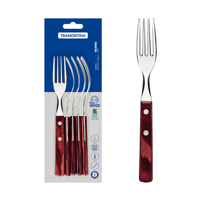 6 Garfos de mesa aço inox, cabos madeira polywood vermelho - Tramontina - 7891112108103