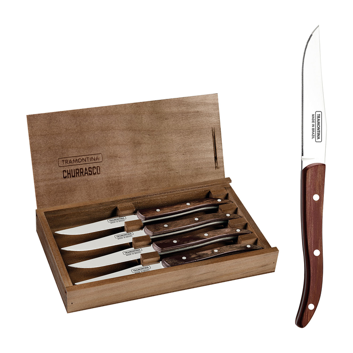4 Facas churrasco, aço inox, cabos polywood vermelho, caixa madeira, laváveis máquina - Tramontina - 7891112246461