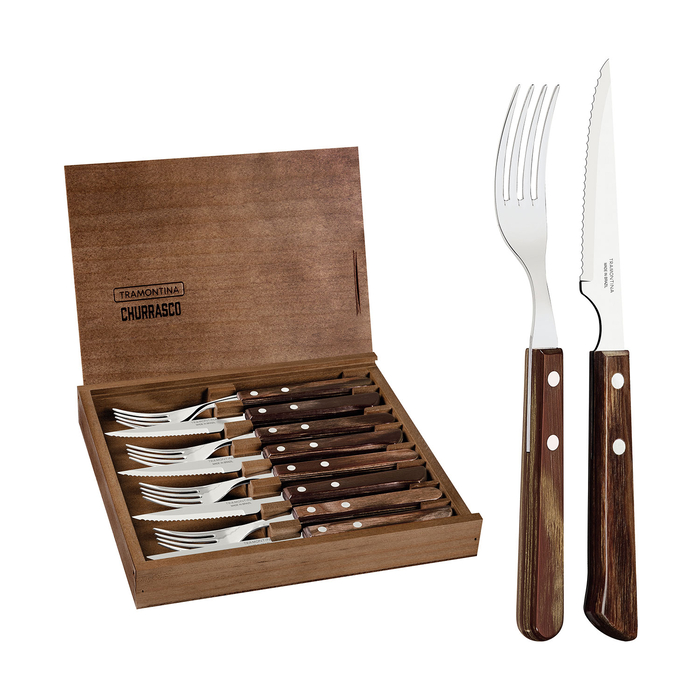 8 Talheres churrasco, aço inox, cabos polywood castanho, estojo madeira, laváveis máquina - Tramontina - 7891112246362