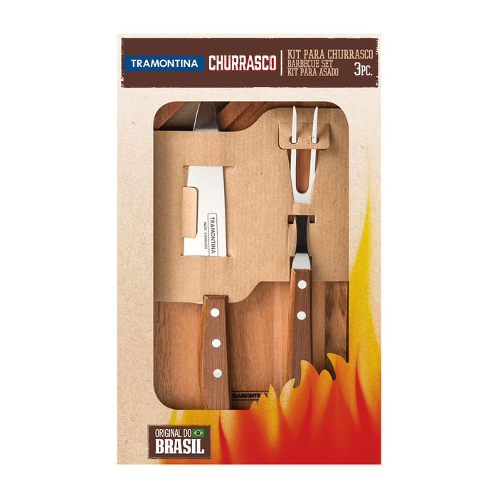 Kit churrasco 3 peças, aço inox, cabos madeira natural, com tábua madeira 34,5x21,5cm - Tramontina - 7891112111721