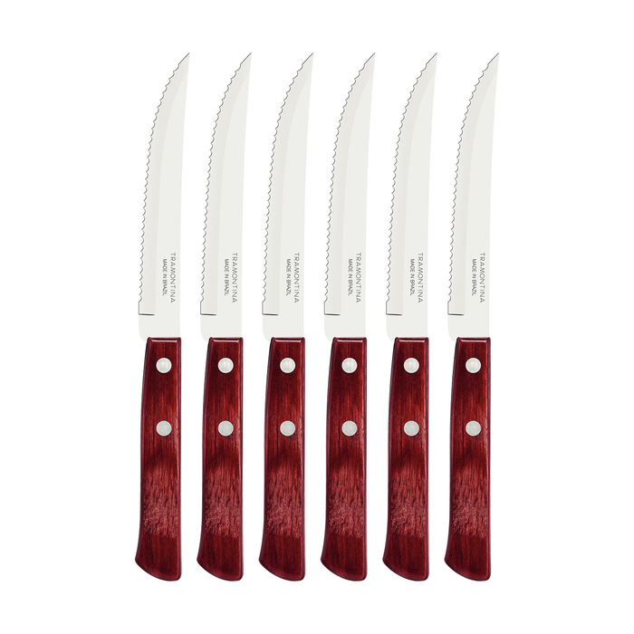 6 Facas para churrasco em aço inox com cabos de madeira polywood vermelho - Tramontina - 7891112041479