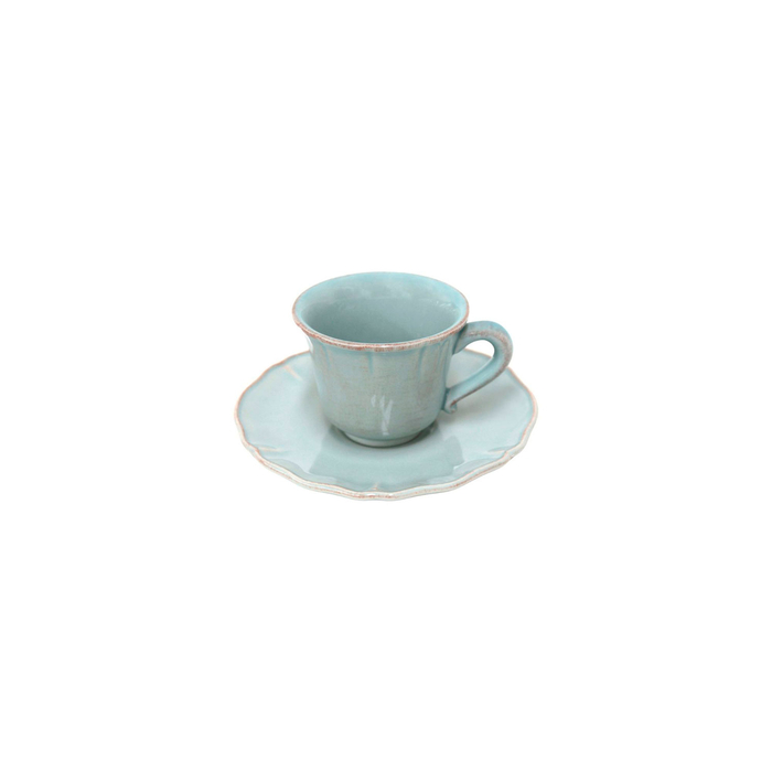 Chávena e Pires de Café Alentejo 90ml, grés turquesa com rebordos ondulados pintados à mão - Costa Nova - 5602737106922