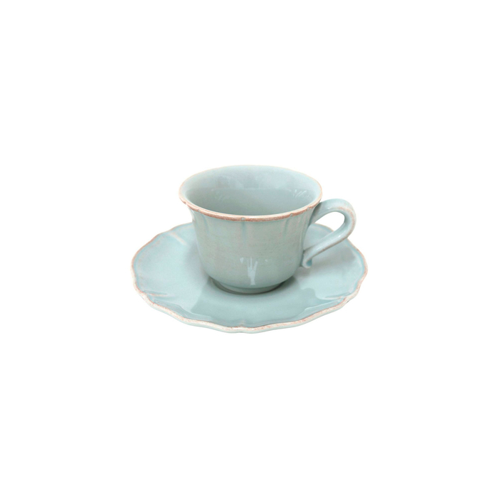 Alentejo tea cup and saucer 220ml, turquoise stoneware with hand-painted wavy rims - Costa Nova - 5606739930585