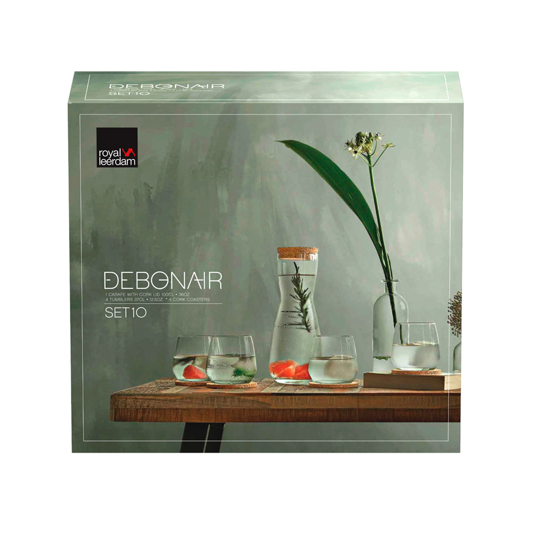 Conjunto garrafa, copos e bases de cortiça Debonair, vidro cristalino com detalhes em cortiça - Leerdam Crisal Glass - 8710964826579
