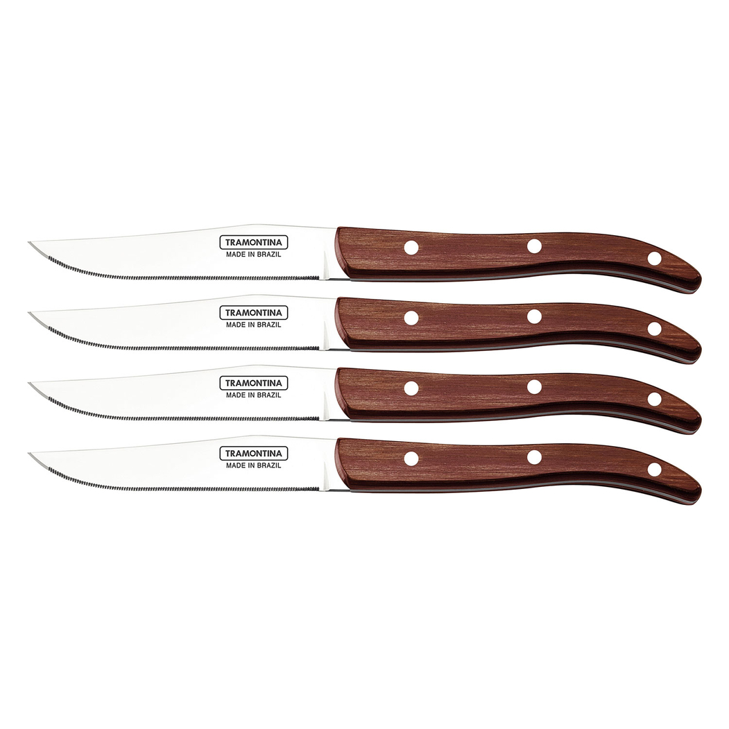 4 Facas churrasco, aço inox, cabos polywood vermelho, caixa madeira, laváveis máquina - Tramontina - 7891112246461