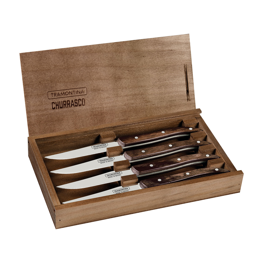 4 Facas churrasco, aço inox, cabos polywood vermelho, caixa madeira, laváveis máquina - Tramontina - 7891112246461