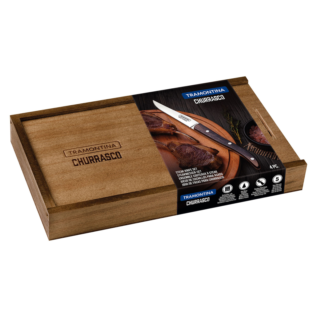 4 Facas churrasco, aço inox, cabos polywood vermelho, caixa madeira, laváveis máquina - Tramontina - 7891112246461