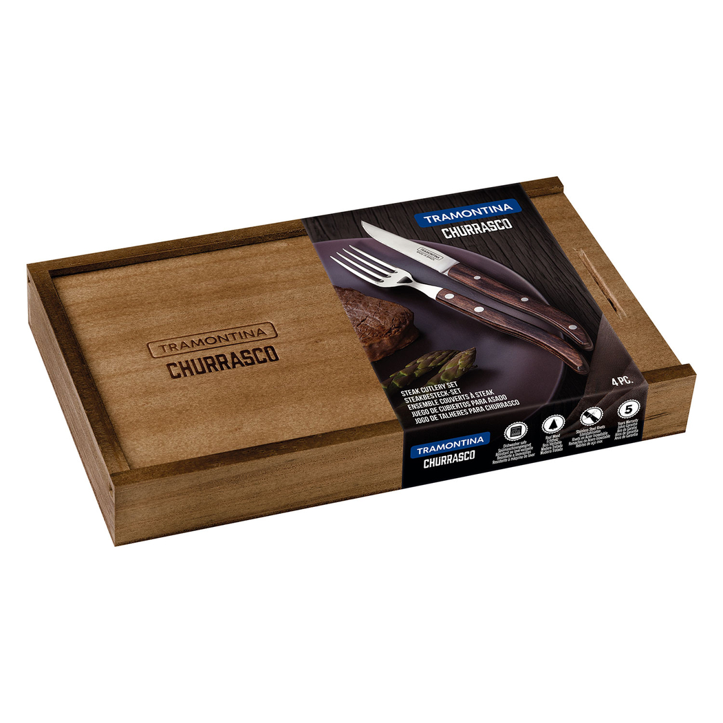 4 Talheres churrasco, aço inox, cabos polywood, caixa madeira, laváveis máquina - Tramontina - 7891112246485