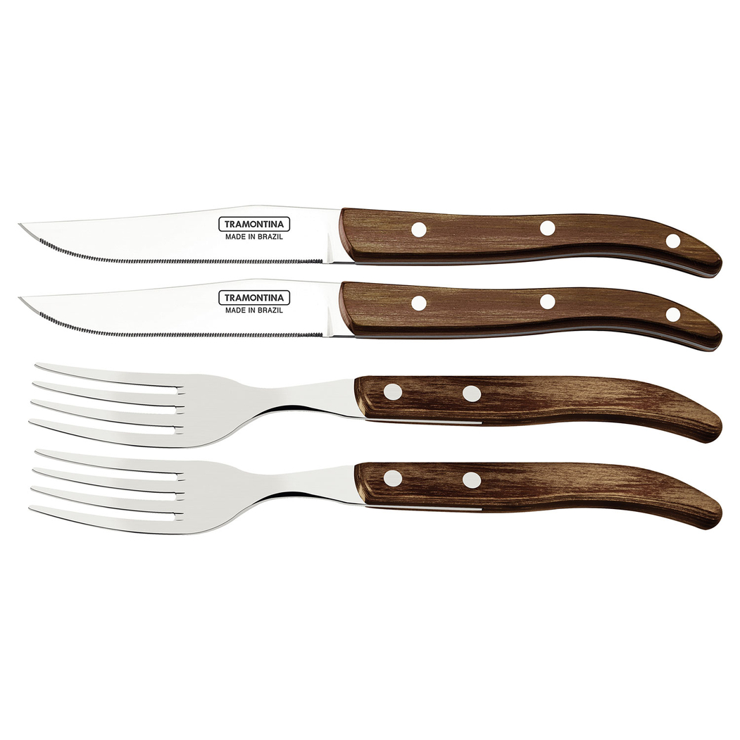 4 Talheres churrasco, aço inox, cabos polywood, caixa madeira, laváveis máquina - Tramontina - 7891112246485