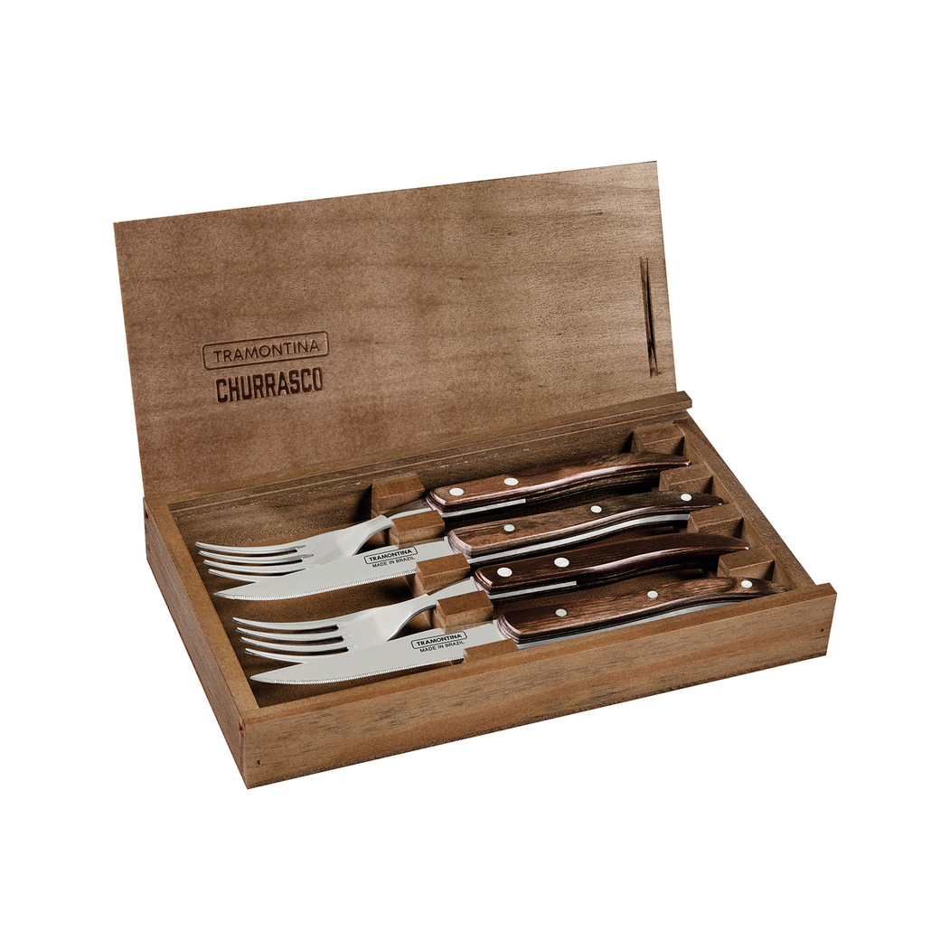 4 Talheres churrasco, aço inox, cabos polywood, caixa madeira, laváveis máquina - Tramontina - 7891112246485
