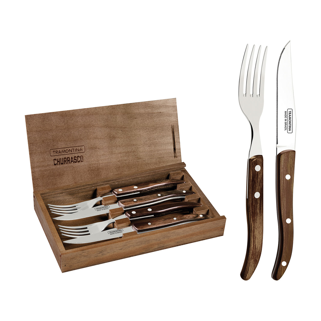 4 Talheres churrasco, aço inox, cabos polywood, caixa madeira, laváveis máquina - Tramontina - 7891112246485