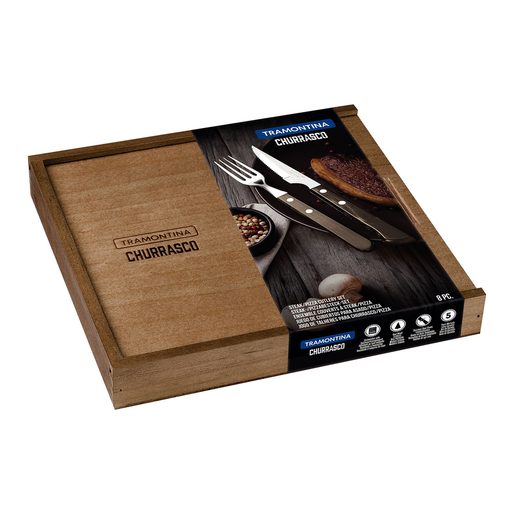 8 Talheres churrasco, aço inox, cabos polywood castanho, estojo madeira, laváveis máquina - Tramontina - 7891112246362