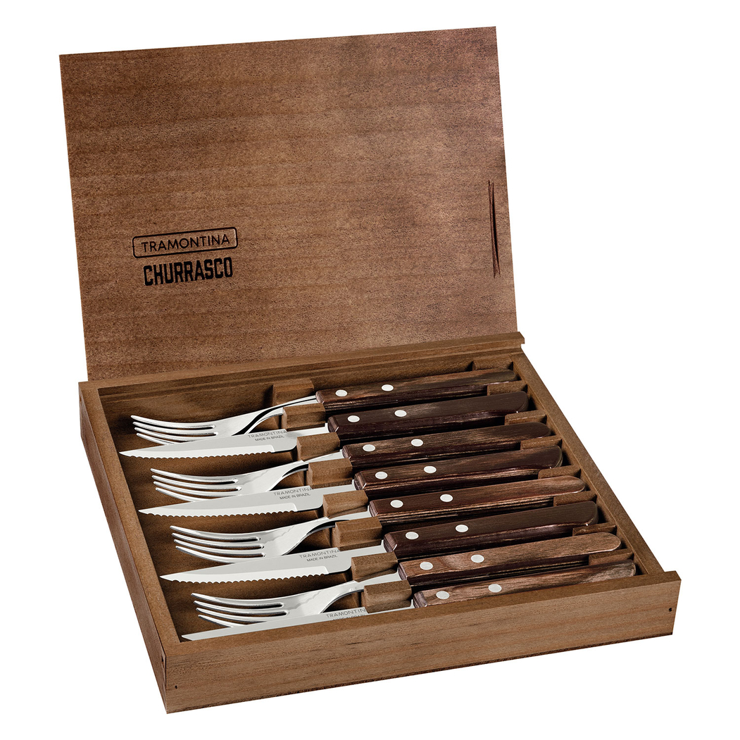 8 Talheres churrasco, aço inox, cabos polywood castanho, estojo madeira, laváveis máquina - Tramontina - 7891112246362