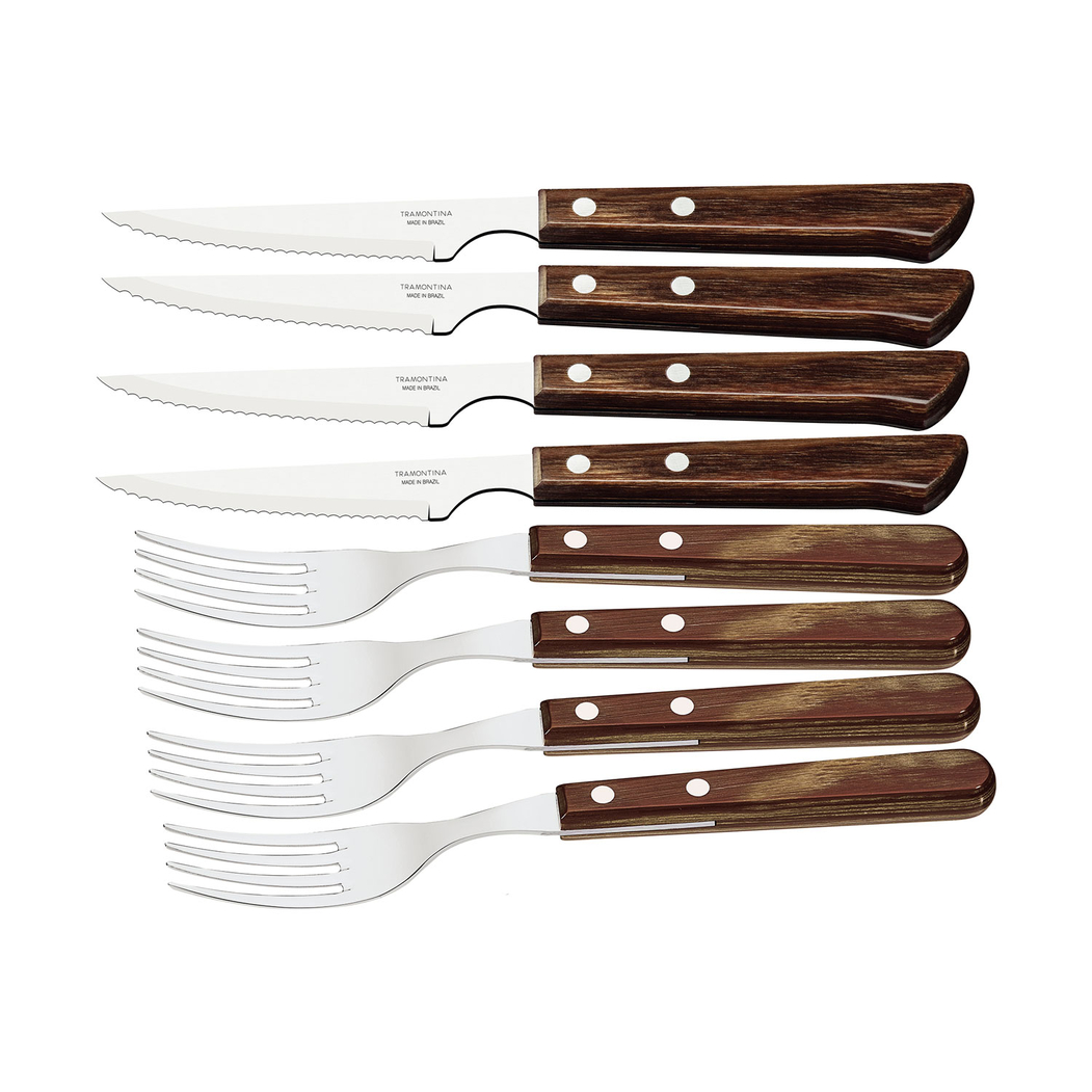 8 Talheres churrasco, aço inox, cabos polywood castanho, estojo madeira, laváveis máquina - Tramontina - 7891112246362