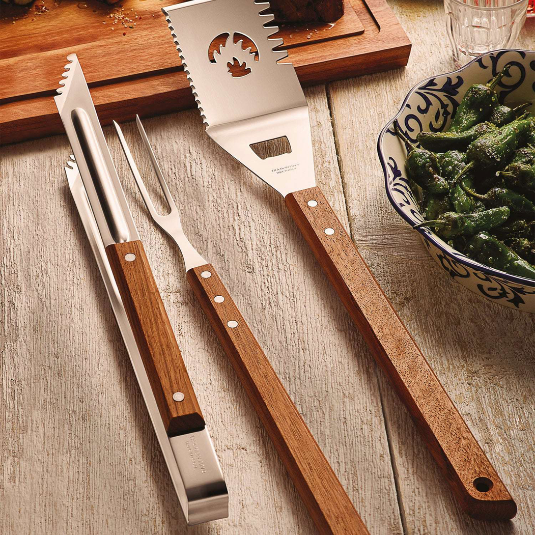 3 Utensílios churrasco, aço inox, cabos madeira natural, estilo rústico - Tramontina - 7891112227903