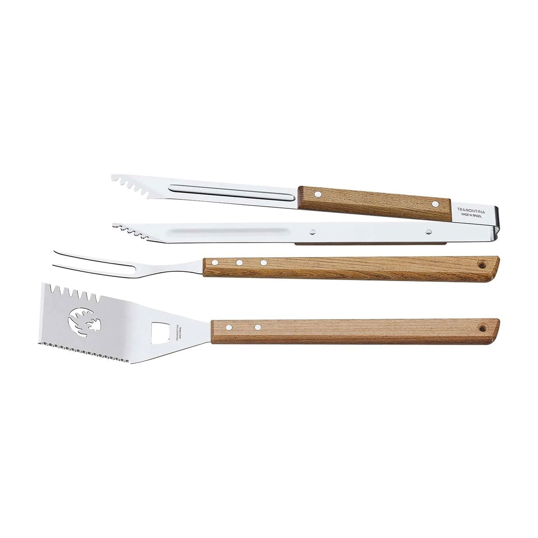 3 Utensílios churrasco, aço inox, cabos madeira natural, estilo rústico - Tramontina - 7891112227903