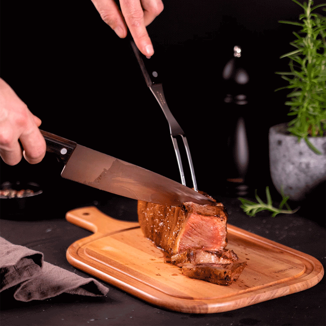 Kit churrasco 3 peças, aço inox, cabos polywood castanho, tábua de madeira 44x30cm, laváveis máquina - Tramontina - 7891112189492