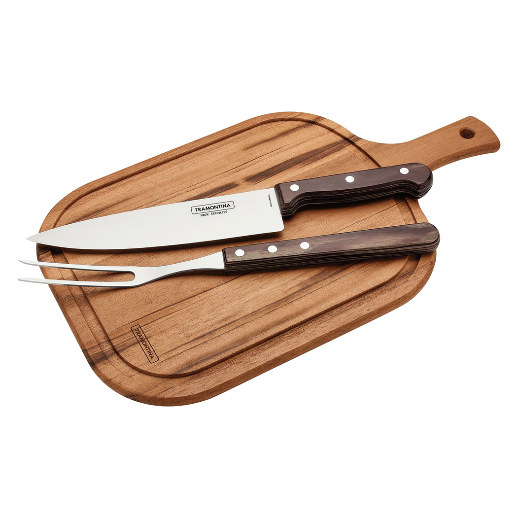 Kit churrasco 3 peças, aço inox, cabos polywood castanho, tábua de madeira 44x30cm, laváveis máquina - Tramontina - 7891112189492