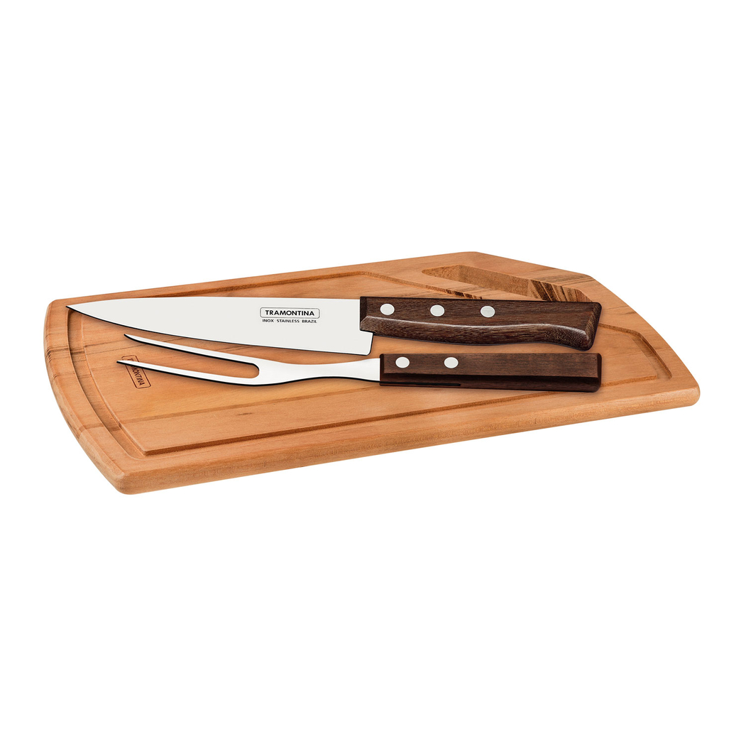 Kit churrasco 3 peças, aço inox, cabos madeira natural, com tábua madeira 34,5x21,5cm - Tramontina - 7891112111721