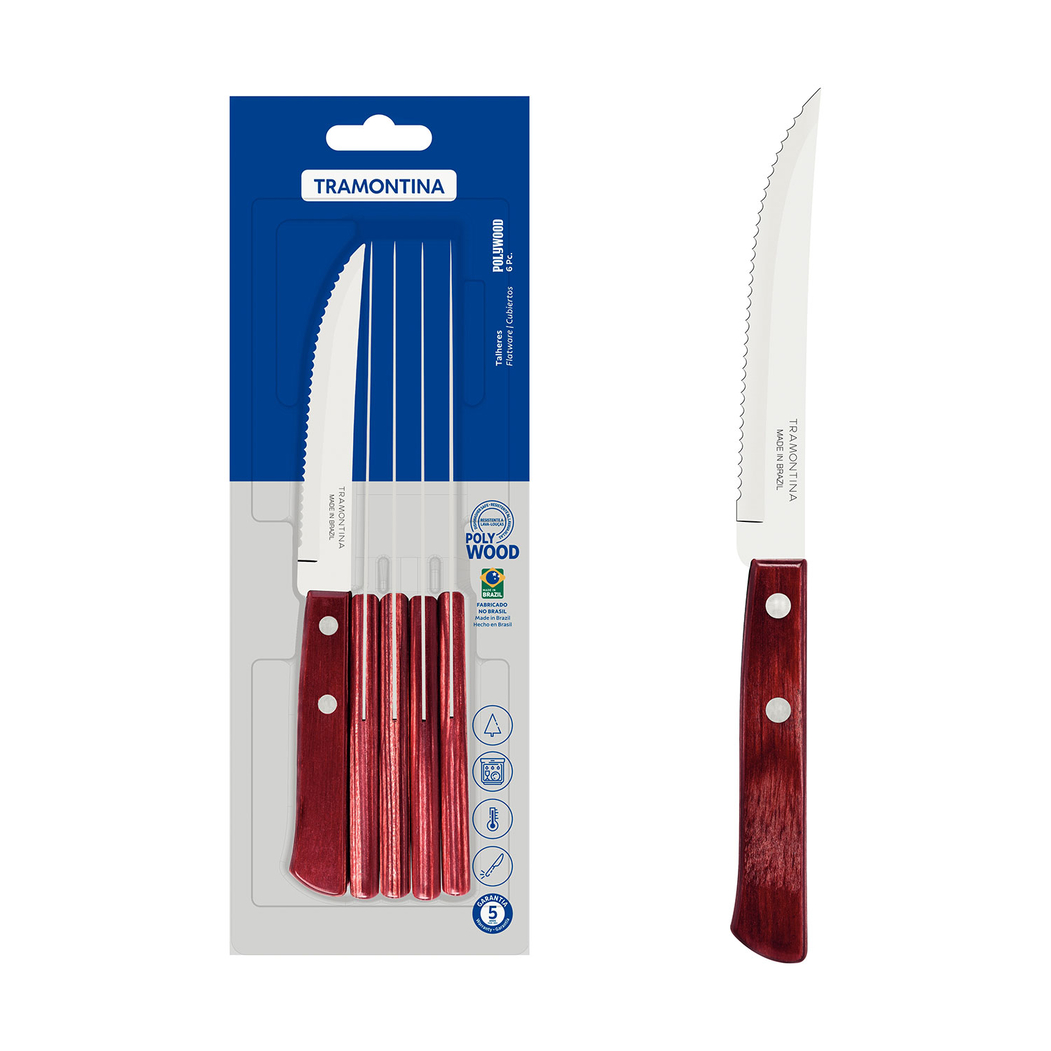 6 Facas para churrasco em aço inox com cabos de madeira polywood vermelho - Tramontina - 7891112041479