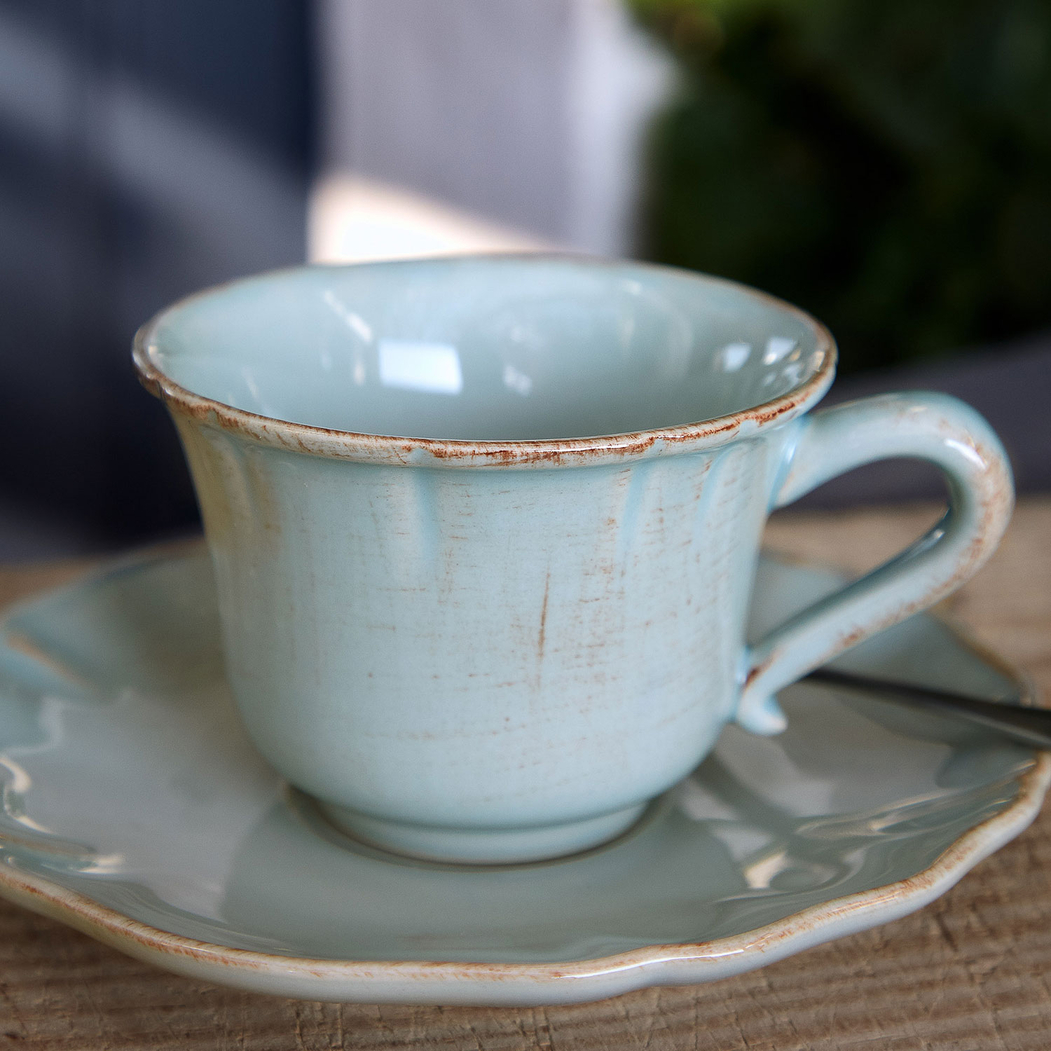 Chávena e Pires de Café Alentejo 90ml, grés turquesa com rebordos ondulados pintados à mão - Costa Nova - 5602737106922