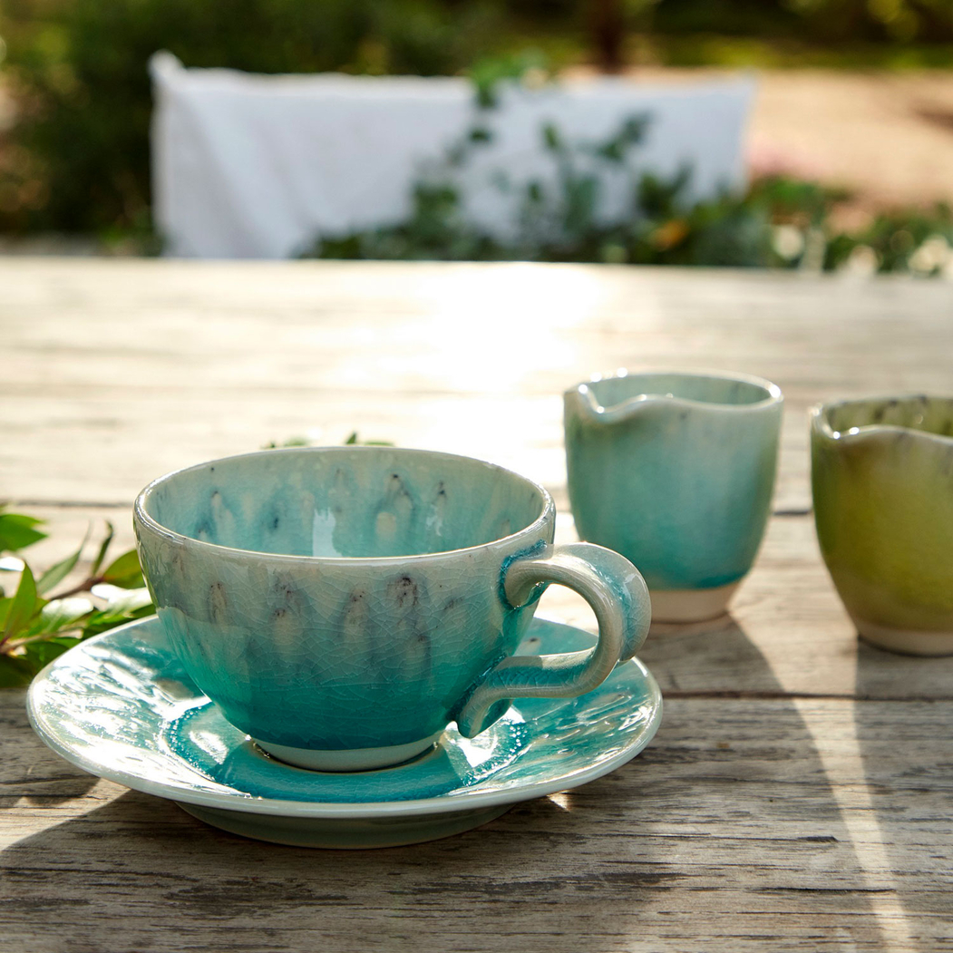 Madeira tea cup and saucer 250ml, blue stoneware with handcrafted crackled finish - Costa Nova - 5602737106984