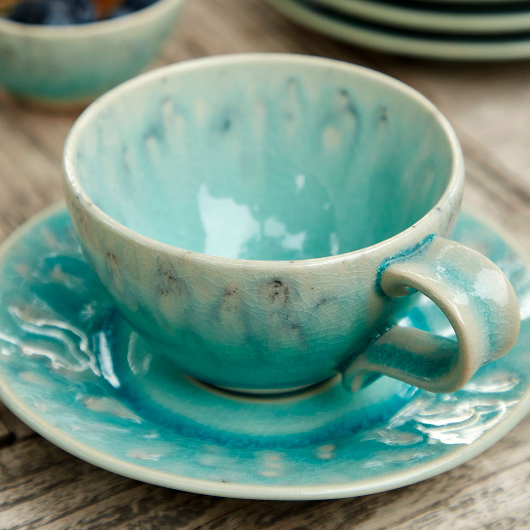 Madeira tea cup and saucer 250ml, blue stoneware with handcrafted crackled finish - Costa Nova - 5602737106984