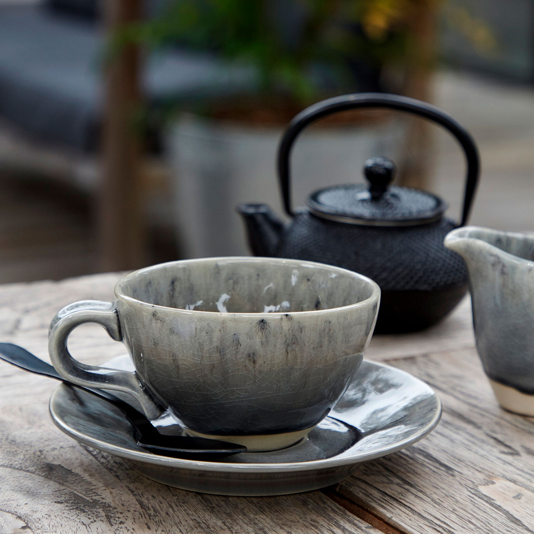 Madeira tea cup and saucer 250ml, grey stoneware with handcrafted crackled finish - Costa Nova - 5602737106991