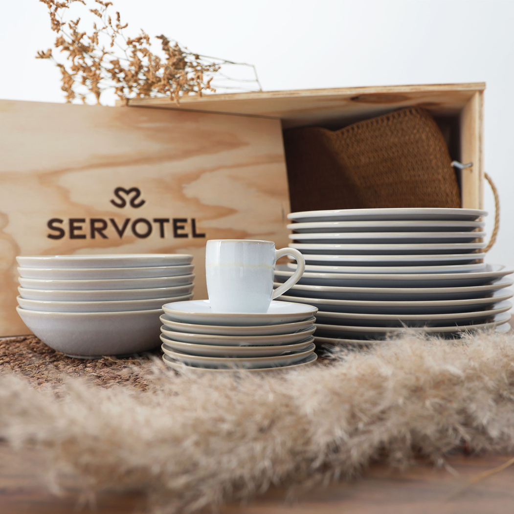 30-piece set Pure, Wooden box, reinforced Stoneware - Servotel - 5602737110882